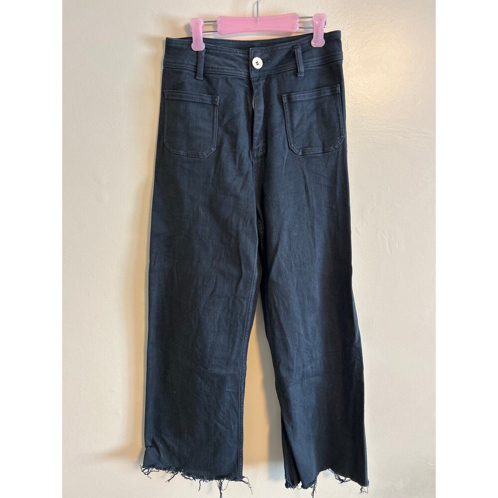 Miou Muse Wide Leg Jeans Medium Black Raw Hem High Rise Patch Pocket